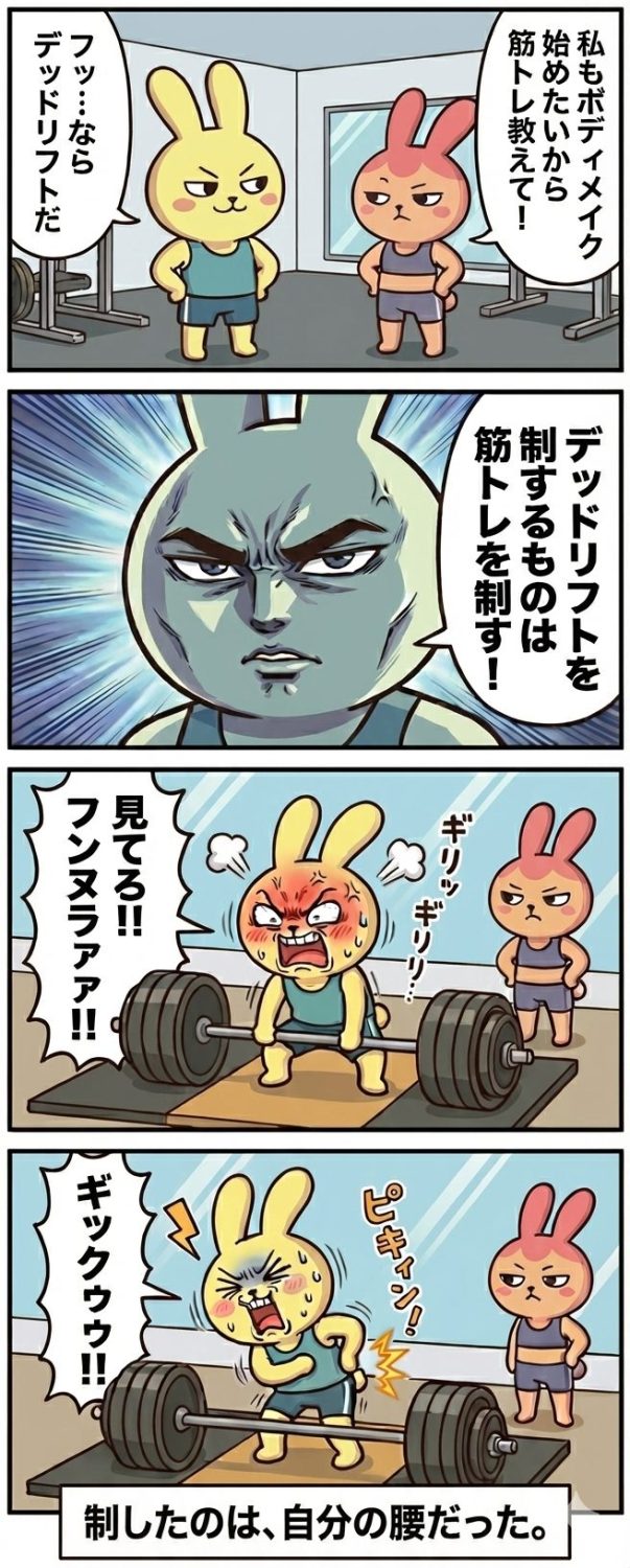 ボディメイクしたいから筋トレを教えてというギモコ　ならデッドリフトだというもちお　だがもちおはぎっくり腰になってしまう