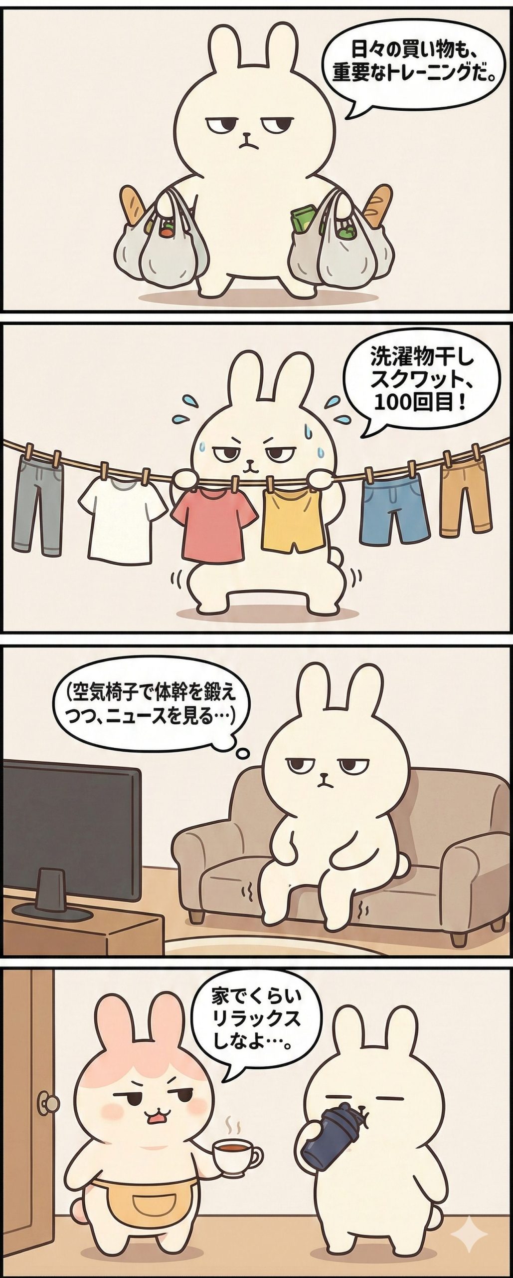 AIで生成した4コマ漫画。白いウサギが買い物、洗濯干し、テレビ鑑賞をすべて筋トレとしてストイックに行い、最後にピンクのウサギに呆れられている様子。