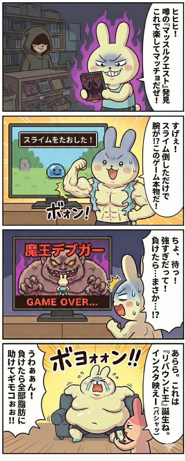 中古ゲーム屋で呪いのソフト「マッスルクエスト」を手に入れたウサギのもちお。ゲーム内でスライムを倒すと現実の腕がムキムキになるが、強力なボス「魔王デブガー」に敗北。その代償として、部屋を埋め尽くすほどの巨大な肥満体（リバウンド王）に変貌してしまう。隣でピンクのウサギのギモコが冷静に写真を撮っている4コマ漫画。