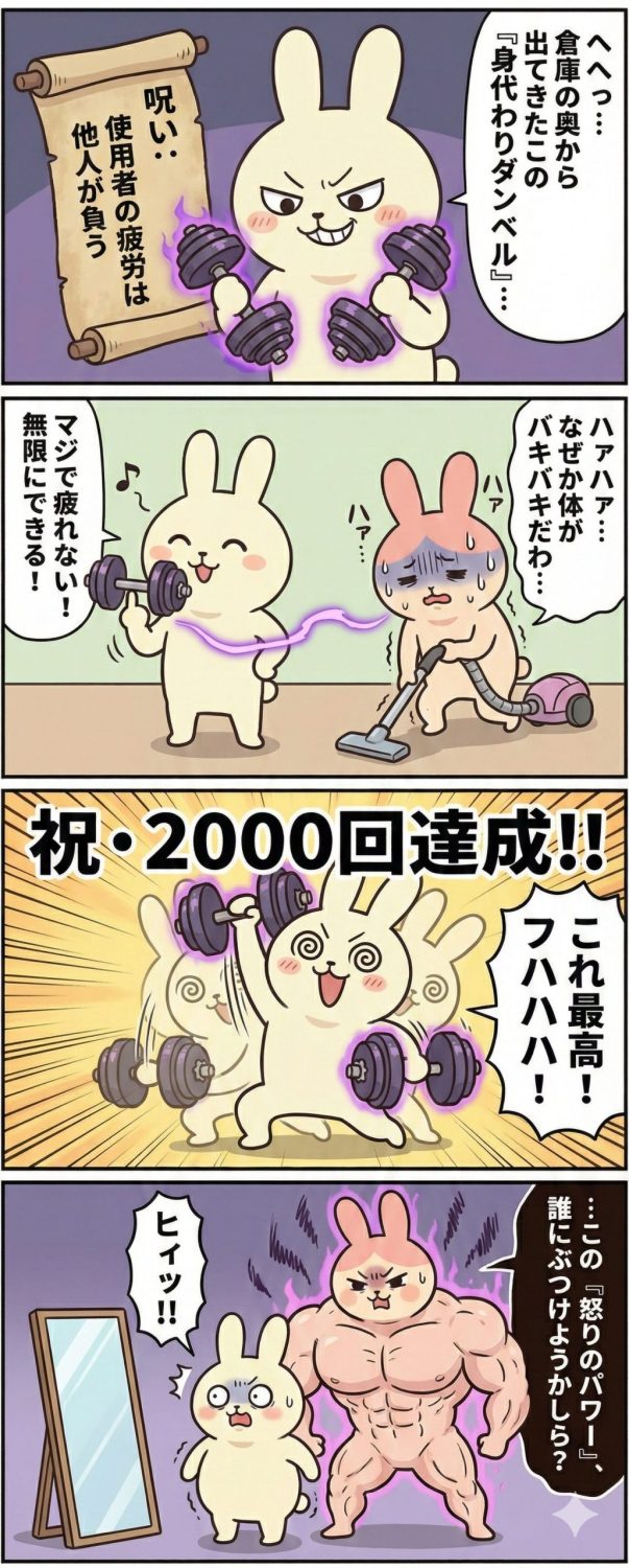 AI漫画『もちおとギモコのエブリデイ』第18話：呪いのダンベルで楽をする白いウサギのもちお。しかし、すべての疲労と筋肉の成長は、隣にいたピンクのウサギのギモコへと転移し、彼女が超巨大なマッチョに変貌してしまう4コマ漫画。