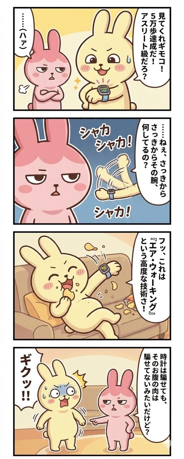 【4コマ漫画】第13話「その一振り、脂肪には届かず」。1コマ目：スマートウォッチで5万歩を自慢するクリーム色のもちおと、呆れるピンク色のギモコ。2コマ目：もちおの腕の不自然な高速振動を見つめるギモコのジト目。3コマ目：ソファでポテチを食べながら腕だけ振る「エア・ウォーキング」の不正が発覚。4コマ目：「時計は騙せてもお腹の肉は騙せない」とギモコに図星を突かれ、ギクッとするもちお。