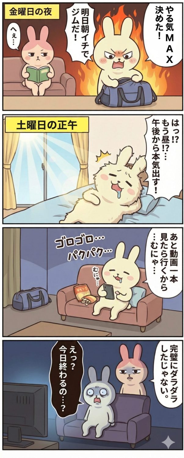4コマ漫画『もちおとギモコのエブリデイ』第19話。金曜の夜は「明日朝イチでジムに行く！」と燃えていたウサギのもちおだが、土曜日は昼の12時半まで寝坊し、その後も動画を見たりお菓子を食べたりしてダラダラ過ごす。夜になり一日が終わったことに絶望するもちおに、ピンクのウサギのギモコが「完璧にダラダラしたじゃない」とツッコミを入れる様子を描いたイラスト。