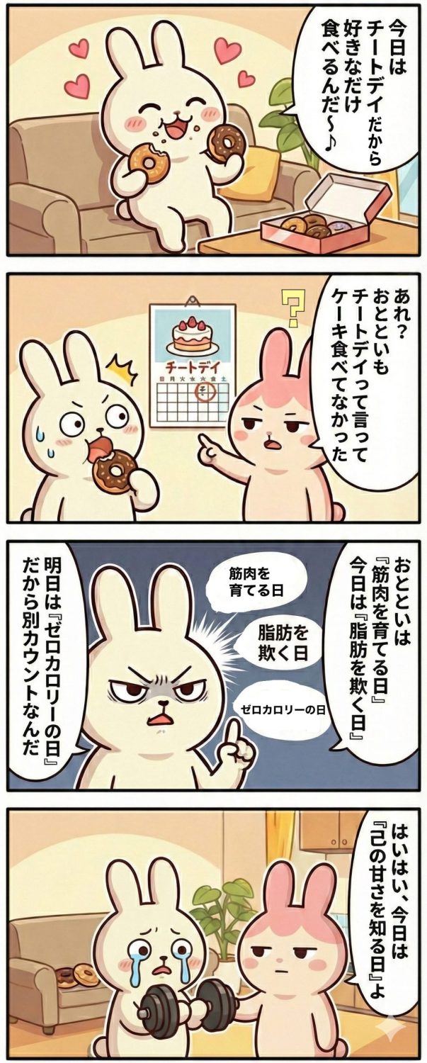 AI４コマ漫画　チートデイでお菓子をいっぱい食べてるもちお　前もチートデイだったよねと問い詰めるギモコ　チートデイはいっぱいあると力説するもちお　つっこむギモコ