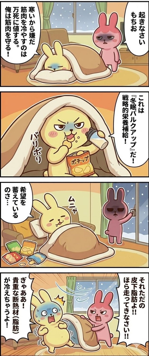 AI4コマ漫画】第15話「冬眠モード、突入」。1コマ目：布団に潜り「筋肉を冷やすのは悪」と主張するもちお。2コマ目：布団の中でプロテインとポテチを食べるもちお。3コマ目：お腹が丸くなったもちおと、窓を開けようとするギモコ。4コマ目：窓全開で布団を剥がされ、寒さに震えながら「断熱材（脂肪）が冷える」と叫ぶもちお。