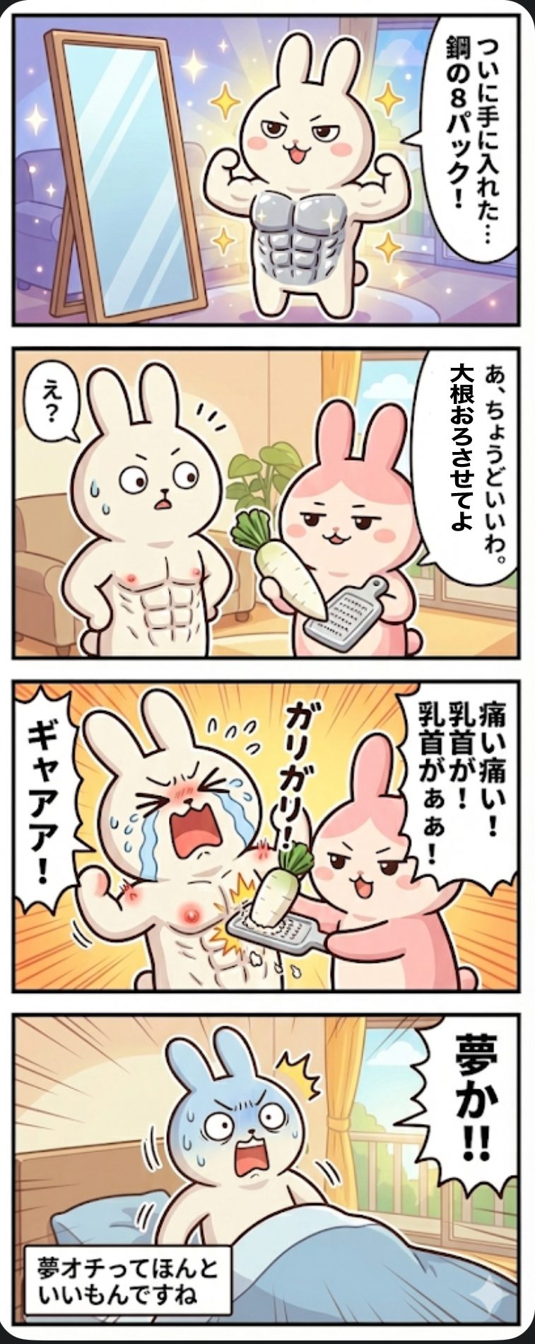 鋼のボディになってるもちお　腹筋で大根をおろそうとするギモコ　実は夢だった
