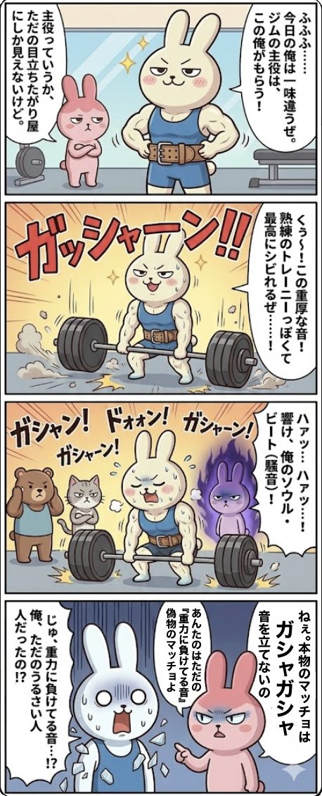 1コマ目：ジムでパワーベルトを締め「主役は俺」とイキるウサギのもちお。2-3コマ目：凄まじい音を立ててバーベルを落とし「熟練の音」と勘違いするもちお。4コマ目：ギモコが冷たく「重力に負けてる音。あんたは偽物」と言い放ち、もちおが真っ白になってショックを受ける4コマ漫画。