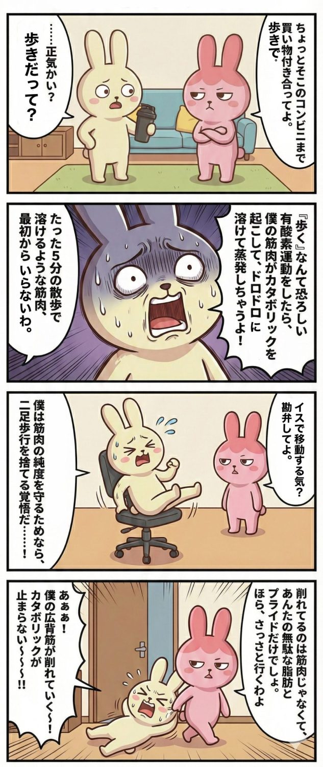 4コマ漫画『もちおとギモコ』第28話。今回のテーマは「カタボリックの恐怖」。有酸素運動で筋肉が減るのを極端に嫌うもちおが、コンビニへの5分の散歩を全力拒否！筋肉へのこだわりが空回りする爆笑エピソード。