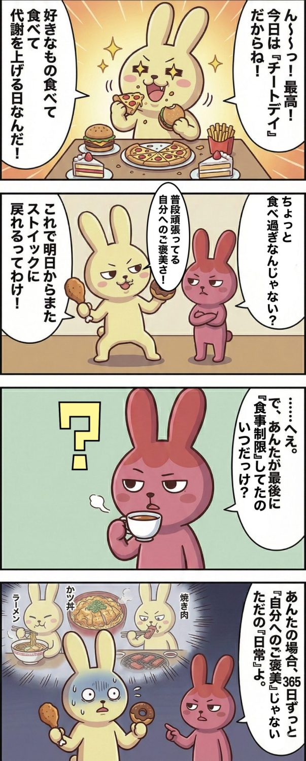 1コマ目： テーブルの上にピザ、ハンバーガー、ホールケーキ、フライドポテトが並び、もちおが幸せそうにピザを頬張っている。 もちお：「ん〜〜っ！ 最高！ 今日は『チートデイ』だからね！ 好きなもの食べて代謝を上げる日なんだ！」2コマ目： もちおがチキンとドーナツを手に、ドヤ顔で語る。 もちお：「普段頑張ってる自分へのご褒美さ。これで明日からまたストイックに戻れるってわけ！」3コマ目： ギモコがお茶を飲みながら、冷ややかな視線を向ける。 ギモコ：「……へえ。で、あんたが最後に『食事制限』してたの、いつだっけ？」4コマ目： もちおが衝撃を受け、冷や汗をかいて固まる。背景には「ラーメン」「カツ丼」「焼き肉」を連日食べていたもちおの回想シーンが浮かんでいる。 ギモコ：「あんたの場合、365日ずっと『自分へのご褒美』じゃない。ただの『日常』よ。」