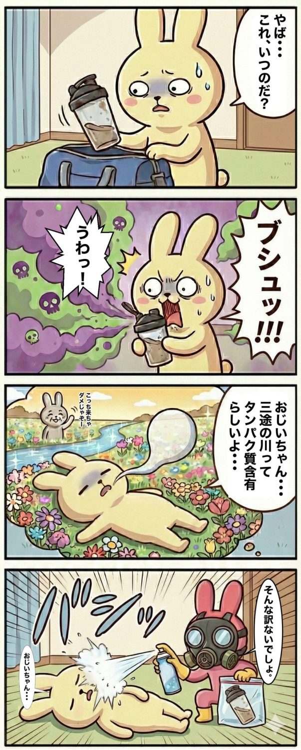 画像説明： 縦型4コマ漫画『もちおとギモコのエブリデイ：パンドラの箱』。 1コマ目：少し黄みのある白うさぎ「もちお」が、ジムバッグから汚れた古いシェイカーを発見する。 2コマ目：フタを開けた瞬間、「ブシュウゥッ！！」という擬音と共にドクロマーク入りの毒々しい紫色の煙が噴出する。 3コマ目：毒気にあてられたもちおが部屋で倒れ、魂が抜けながら三途の川とお花畑の回想を見ている。 4コマ目：ガスマスクをしたピンクうさぎ「ギモコ」が、汚染源のシェイカーをジップロックに隔離しつつ、倒れたもちおの顔面に無言で消臭スプレーを噴射している様子。 全体的に太い主線のポップなアニメスタイルのイラスト。