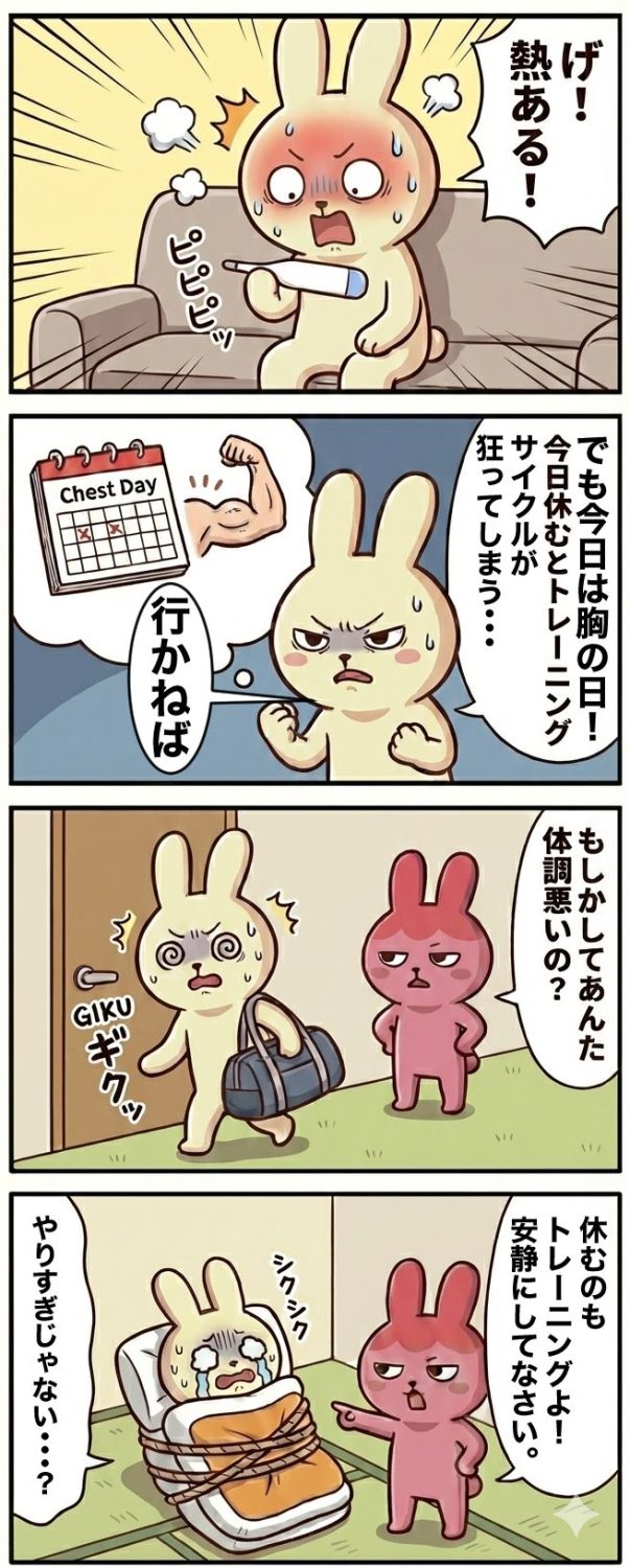 筋トレ・ダイエット漫画『もちおとギモコのエブリデイ』第36話。1コマ目:38.5度の熱に驚く白ウサギのもちお。2コマ目:胸の日を休むか葛藤する様子。3コマ目:フラフラでジムに行こうとして桃色ウサギのギモコに見つかるシーン。4コマ目:布団ごと縄でぐるぐる巻きにされ、強制的に安静にさせられるもちお。