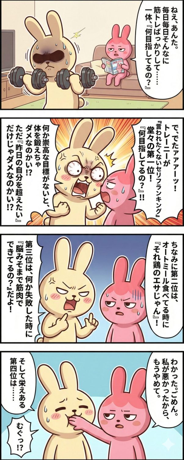 4コマ漫画「もちおとギモコのエブリデイ」第35話。1コマ目：筋トレ中のもちおにギモコが「何目指してるの？」と質問。2コマ目：もちおが「言われたくないランキング1位だ！」とダイナミックに反論。3コマ目：2位（オートミールは鳥の餌）と3位（脳みそ筋肉）を熱弁。4コマ目：4位を言おうとするもちおを、ギモコが「私が悪かった」と遮るシーン。