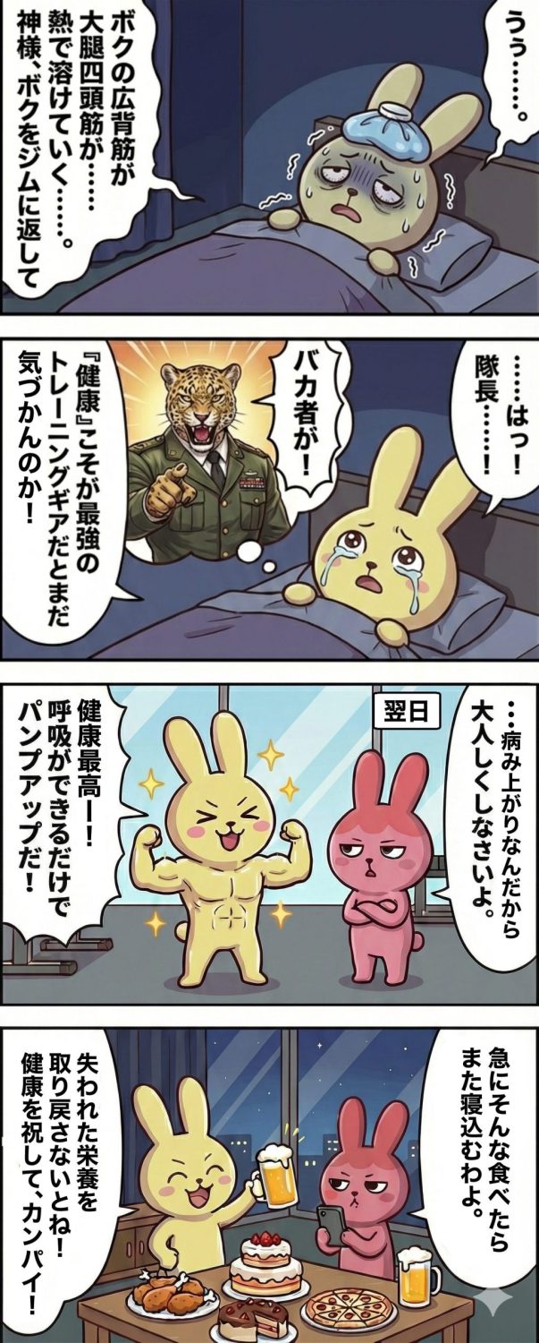 1コマ目： 氷枕をして寝込んでいる、げっそりしたもちお。 もちお：「うぅ……。ボクの広背筋が……大腿四頭筋が……熱で溶けていく……。神様、ボクをジムに返して……」2コマ目： もちおの脳内。例の**「ヒョウの隊長（高解像度）」**が後光を背負って現れる。 隊長：「バカ者が！ 『健康』こそが最強のトレーニングギアだとまだ気づかんのか！ 寝るのも仕事だ！」 もちお：「……はっ！ 隊長……！」3コマ目： 数日後、完全復活したもちおがジムに。 もちお：「健康最高ーー！ 呼吸ができるだけでパンプアップだ！ 今日はリハビリとして、軽く5時間ほど追い込んじゃうよ！」 ギモコ（横で）：「……病み上がりなんだから大人しくしなさいよ。」4コマ目： その夜。もちおが「快気祝い」として、大量のビール、唐揚げ、特盛りケーキを前にしている。 もちお：「失われた栄養を取り戻さないとね！ 健康を祝して、カンパーーイ！」 ギモコ（無言でスマホを構える）：「……はい、明日また寝込む確定。動画撮っておくわね。」