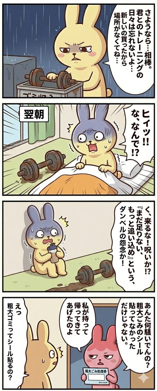 もちおとギモコの4コマ漫画 第33話。 1コマ目：雨の中、古いダンベルをゴミ捨て場に置いて別れを告げるもちお。 2コマ目：翌朝、目が覚めると枕元に泥だらけのダンベルがあり絶叫するもちお。 3コマ目：呪いだと思い込み、プロテインシェイカーを持ってガタガタ震えながら祈るもちお。 4コマ目：ギモコが「粗大ごみ処理券」を突きつけ、ルール違反で回収されなかっただけだと冷静に指摘するオチ。