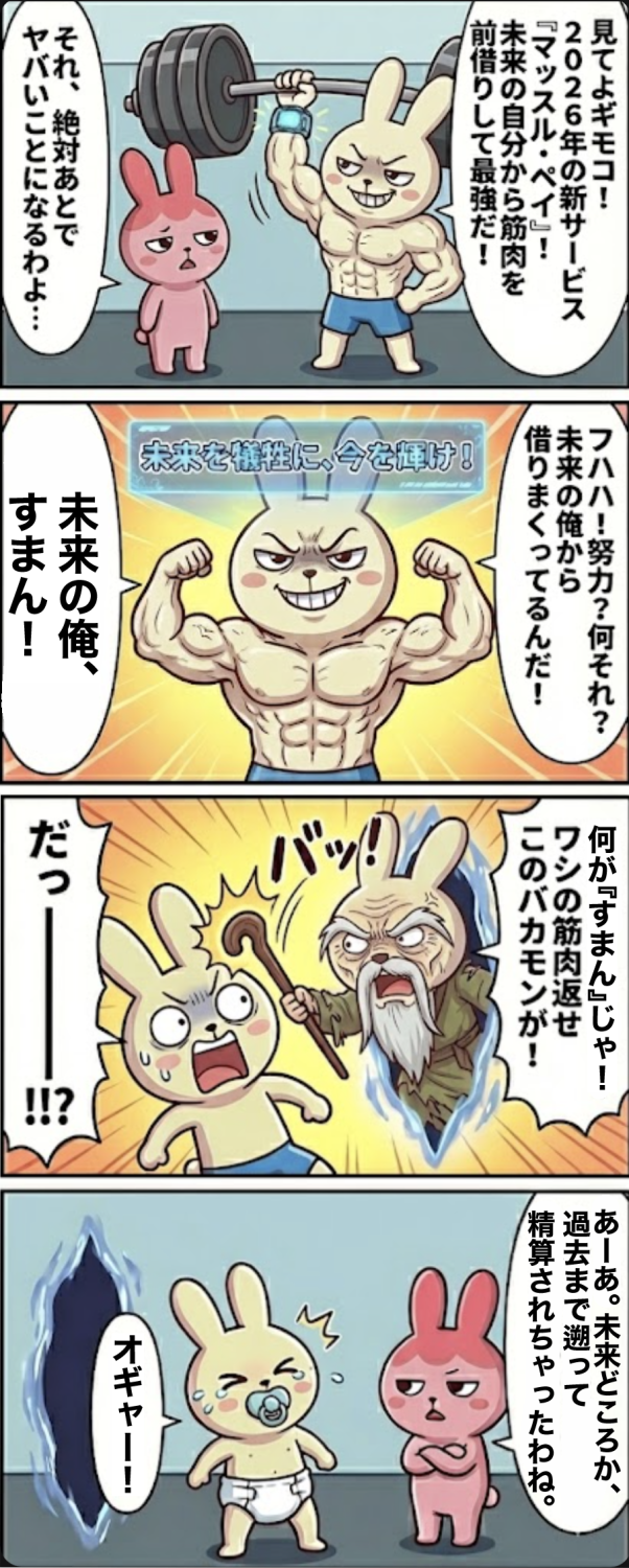 2026年、未来の自分から筋肉を前借りできる「マッスル・ペイ」が登場。ドヤ顔で利用したもちおを待っていたのは、未来の自分からの激しい取り立てと、衝撃の結末だった！リボ払いの恐怖を描く教訓回。