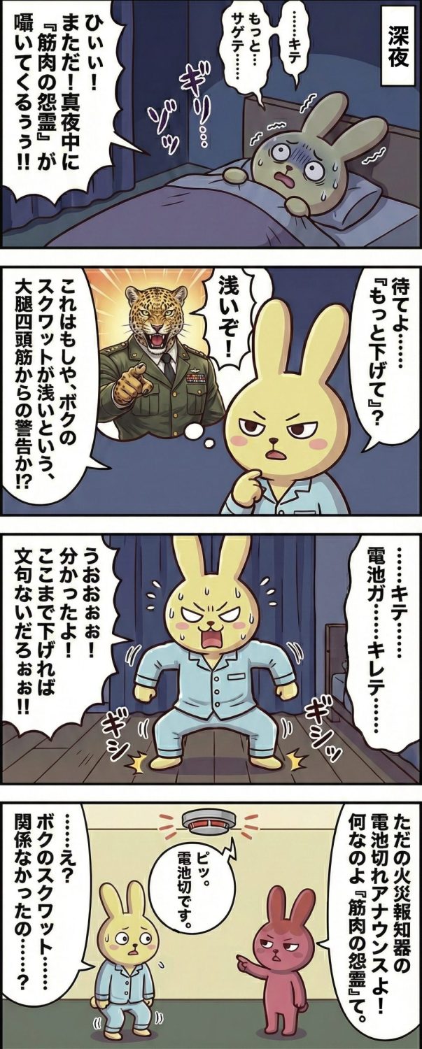 第44話：真夜中のパンプアップ・コール（漫画説明）1コマ目： 深夜、真っ暗な寝室で布団にくるまり震えるもちお。「……キテ……もっと……サゲテ……」という不気味な声に、「筋肉の怨霊だ！」と怯えている。2コマ目： もちおの脳内イメージ。超高解像度で描かれた軍服姿のヒョウの隊長が、「浅いぞ！」と指を差して一喝している。もちおは「これは大腿四頭筋からの警告（もっと腰を下げろ）か！？」と勝手に納得する。3コマ目： パジャマ姿で猛烈な勢いでスクワットを始めるもちお。床をギシギシ鳴らしながら「ここまで下げれば文句ないだろ！」と叫ぶ。背後では「……キテ……電池ガ……キレテ……」と声が続く。4コマ目： ギモコが電気をつけて現れる（配置：左にもちお、右にギモコ）。天井の火災報知器を指差し「ただの電池切れアナウンスよ」と呆れ顔。尻尾（引き出し線）のない吹き出しから「ピッ。電池切れです。」と無機質なアナウンスが流れる。