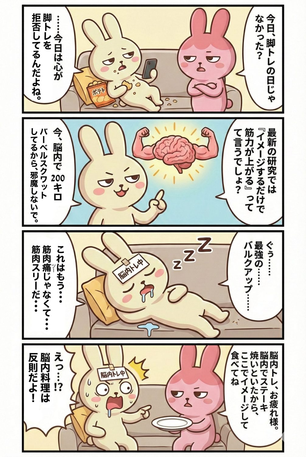 1コマ目： ウサギの「もちお」がソファに寝そべり、ポテチを食べながらスマホを見ている自堕落な姿。ピンクのウサギ「ギモコ」が呆れて「今日、脚トレの日じゃなかった？」と問いかけるが、もちおは「今日は心が脚を拒否してるんだよね」と屁理屈を言っている。2コマ目： もちおがドヤ顔で指を立て、「イメージするだけで筋力が上がる」という説を引用。背景には筋肉がついた脳の図解があり、「今、脳内で100kgスクワットしてるから邪魔しないで」と豪語している。3コマ目： 「脳内トレ中」と書かれた紙を顔に乗せ、もちおがソファで盛大にヨダレを垂らして爆睡している。寝言で「最強のバルクアップ……」とつぶやいている。4コマ目： 夕食の時間。ギモコが空っぽの皿をもちおの前に置き、「今、脳内で最高級ステーキ出したから。しっかりイメージして食べてね」と真顔で言い放つ。もちおは目を見開いて「それはお腹すくでしょ！！」と絶望的な顔でツッコんでいる。