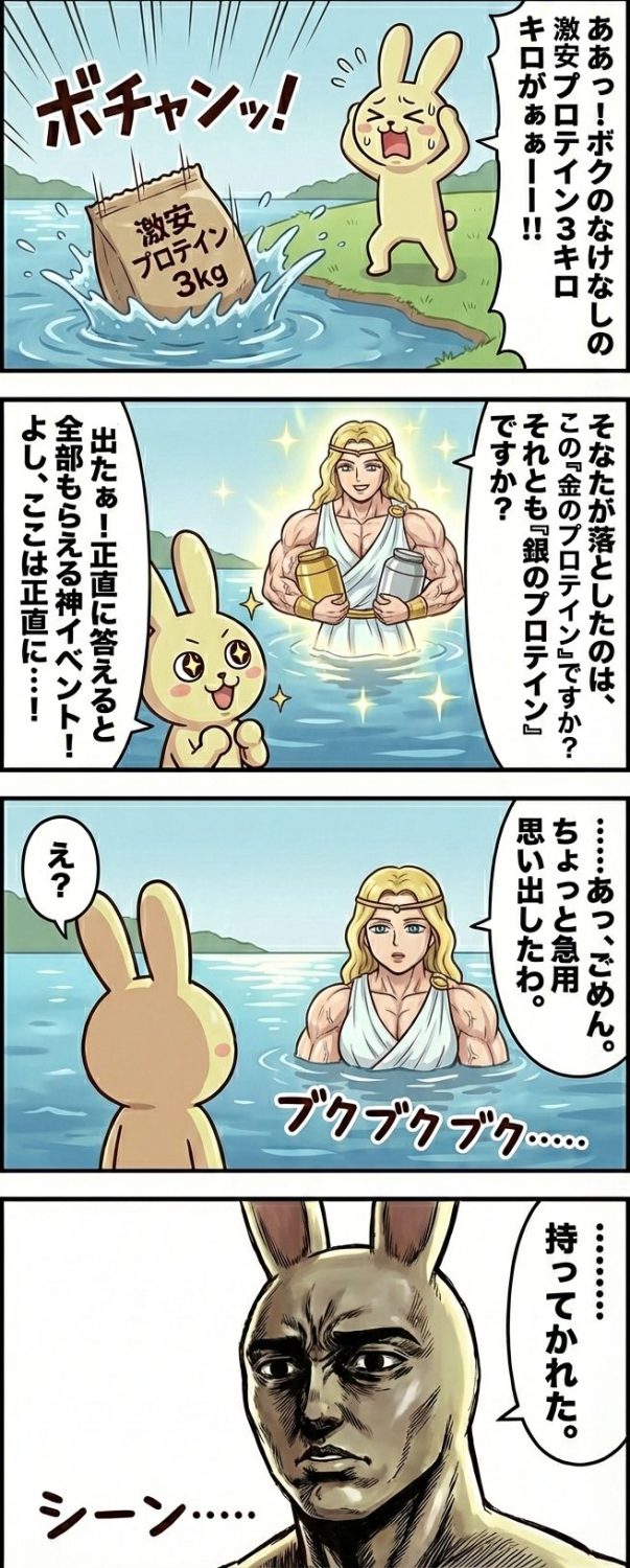 【タイトル：金のプロテイン、銀のプロテイン（未遂）】1コマ目： 静かな湖のほとり。もちお（クリーム色のウサギ）が「激安プロテイン 3kg」と書かれた巨大な袋を抱えているが、手が滑って湖に落としてしまう。大きな水しぶき（ボチャン！）とともに沈んでいくプロテインを見て、もちおは「やっちまったー！」と絶望の叫びを上げている。2コマ目： 湖面が光り、凄まじいバルク（筋肉）を誇るマッチョな女神が登場。右手に「金のプロテイン」、左手に「銀のプロテイン」のボトルを掲げている。「あなたが落としたのはこの金のプロテインですか？銀のプロテインですか？」と問う女神に対し、もちおは目を輝かせて（これ、正直に答えたら全部もらえる神イベントだ！）と確信している。3コマ目： もちおが「ボクが落としたのは激安の……」と言いかけたその瞬間、女神が急に冷めた真顔になり、「あっ、ちょっと用事思い出したわ」と言い残して、金と銀のボトルを持ったまま湖へブクブクと沈んでいく。唖然とするもちお。4コマ目： 完全に沈みきって静まり返った湖の前で、もちおの顔が劇画調の非常にリアルな真顔でアップになる。背景には「…………」という静寂が漂い、一言ポツリと「持ってかれた」という文字が添えられている。