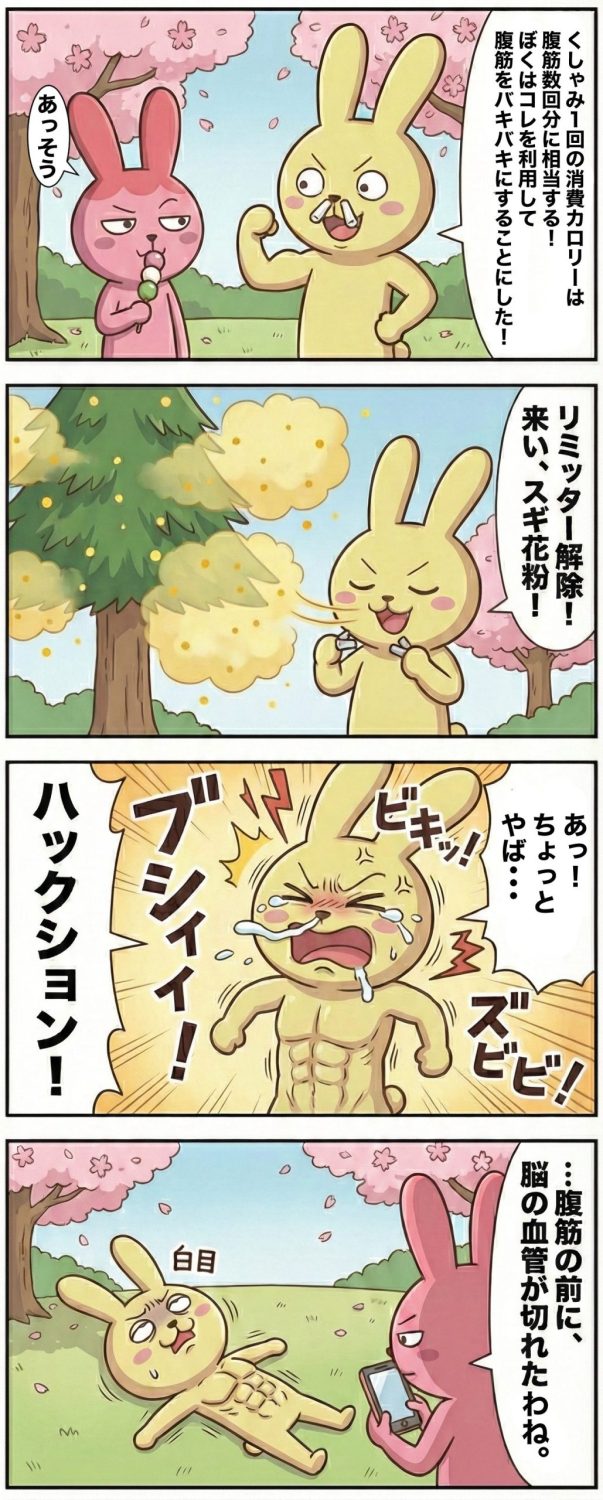 1コマ目: 春の公園。鼻栓をして完全防備(のつもり)のもちおと、お花見セットを広げるギモコ。 もちお:「クシャミのエネルギーは時速300km。これを利用すれば、ジムに行かずとも腹筋がバキバキになる……。名付けて『アレルギー・クランチ』さ!」2コマ目: 「リミッター解除!」と叫んで鼻栓を抜き、満開の杉の木(または黄色い粉が舞う草むら)に突っ込むもちお。 もちお:「さあ来い、スギ花粉! ボクの腹筋を、鋼の彫刻へと進化させてくれ!!」3コマ目: 凄まじい勢いで連発するクシャミ。「ハッ、ハッ、ハックション!!」という文字がコマを埋め尽くす。衝撃で腹筋が浮き出ているが、顔面は鼻水と涙でぐちゃぐちゃ。 もちお:「グフッ、この……腹圧……! 効く……効きすぎて……意識が……ッ!」4コマ目: 地面に倒れ、白目を剥いて痙攣しているもちお。腹筋だけは無駄にパンプアップしている。その横で、冷静にスマホを向けて動画を撮っているギモコ。 ギモコ:「……安心なさい、動画のタイトルは『腹筋の前に脳の血管が切れたウサギ』にしてあげるわ。とりあえず、救急車より先に清掃車呼びましょうか?」