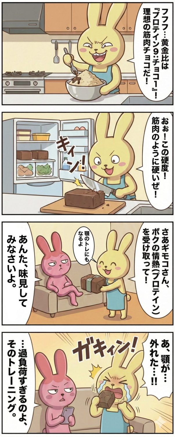 1コマ目： エプロン姿のもちおがキッチンに。ボウルの中には、溶かしたチョコをわずかに含んだ、大量のパサパサしたプロテインパウダー。 もちお：「フフフ……黄金比は『プロテイン9：チョコ1』。カカオの香りがするだけのプロテインの塊、これこそが理想のバレンタインだよ！」2コマ目： 冷蔵庫で冷やし固めた「チョコ（塊）」を取り出すもちお。包丁で切ろうとするが、**「キィィィィン！」**と金属音がして、包丁の刃が欠けてしまう。 もちお：「……おぉ！ この密度！ 筋肉の硬度をそのまま再現したような、素晴らしい出来栄えだ！」3コマ目： ラッピングした「それ」を、居間でくつろいでいるギモコに差し出すもちお。 もちお：「さあギモコさん、ボクの情熱（プロテイン）をたっぷり受け取ってくれ！ 噛むだけで顎のトレーニングにもなる優れものだよ！」4コマ目： 顎が外れるもちお　そのトレーニング過負荷過ぎるというギモコ