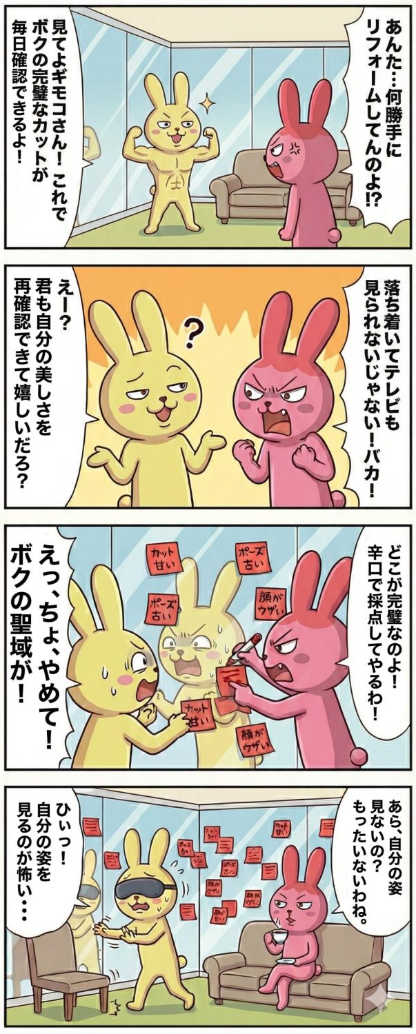 リビングの「鏡」全面張り事件【内容】: もちおが「いつでもボクのカットを確認できるように」と、リビングの壁すべてを巨大な鏡に勝手にリフォーム。ギモコが落ち着いてテレビも見られない状態に。【喧嘩】: ギモコが「自分の顔だけ見て一生過ごしなさい」とキレる。【オチ】: ギモコが鏡に「もちおの弱点（下っ腹のわずかな肉とか、細いふくらはぎ）」を指し示す大量の付箋と赤ペンでのダメ出しを書き込む。家中が「もちおの公開処刑場」と化し、もちおは自分の鏡像を見るのが怖くなって、家の中でずっと目隠しをして生活する羽目になる（そして家具にぶつかりまくる）。